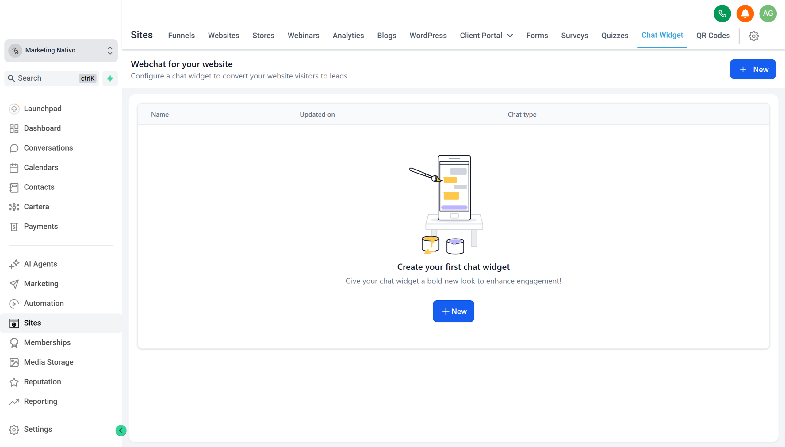 Seccion Chat Widget en GoHighLevel (dentro de Sites) para configurar el webchat del sitio, con el boton Nuevo