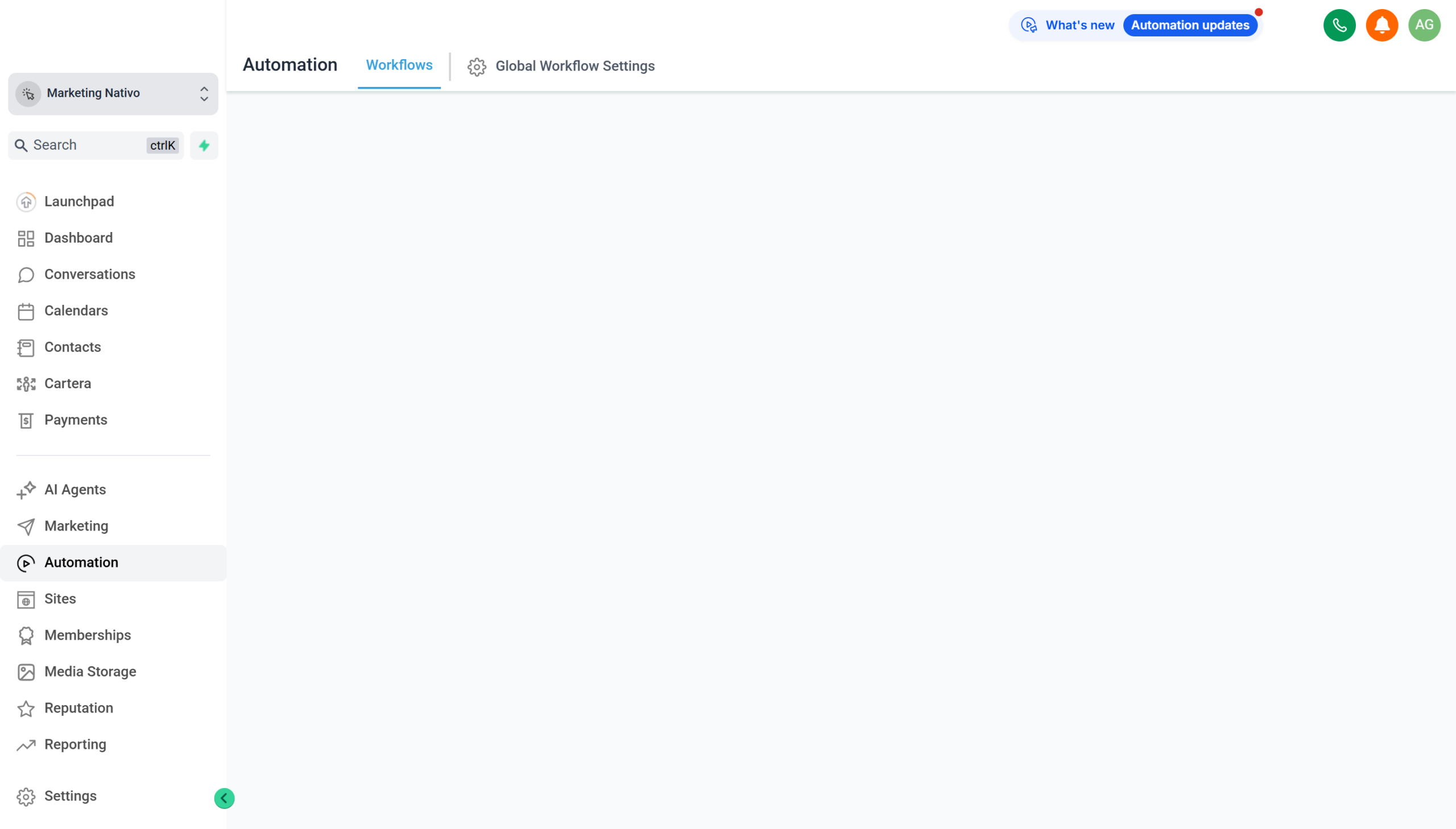Lista de workflows en GoHighLevel con el boton Crear workflow, la columna de estado (Publicado) y los contactos inscritos